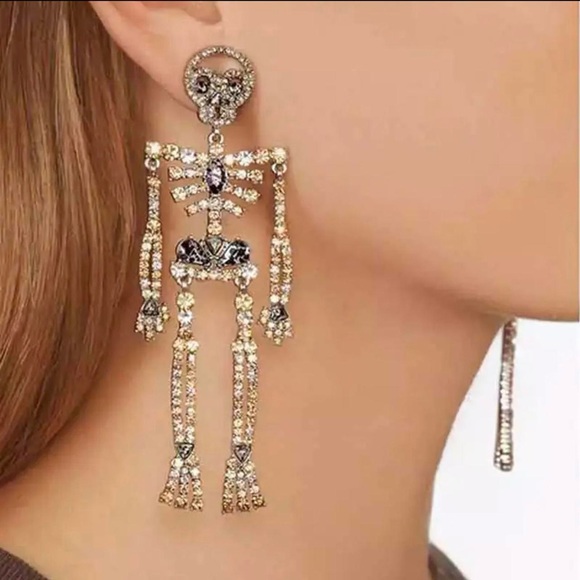 Rhinestone Skeleton Silver Long Halloween Earrings Halloween Spooky Crystal - Picture 1 of 3